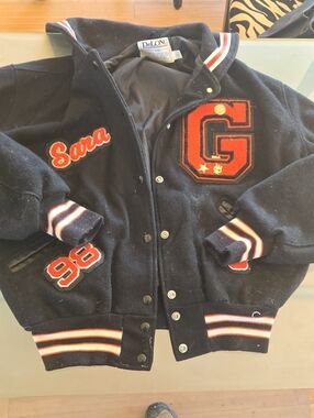 DeLong Black Varsity Letterman Jacket with Red Accents - Sara
